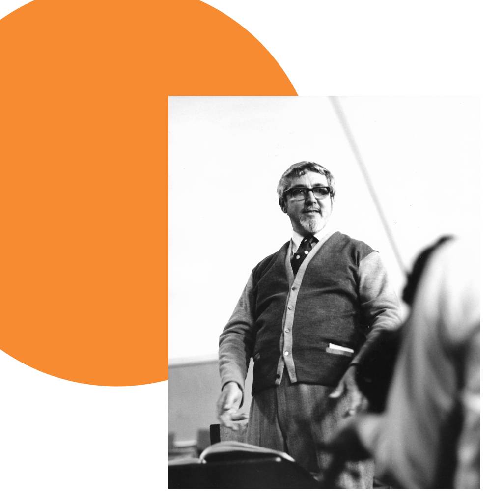 Orange disc with inset photo of Leonard Salzedo conducting. Design as if from a programme