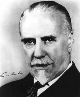 Portrait of Thomas Beecham, conductor, with his autograph, older white man, moustache and beard, distinguished