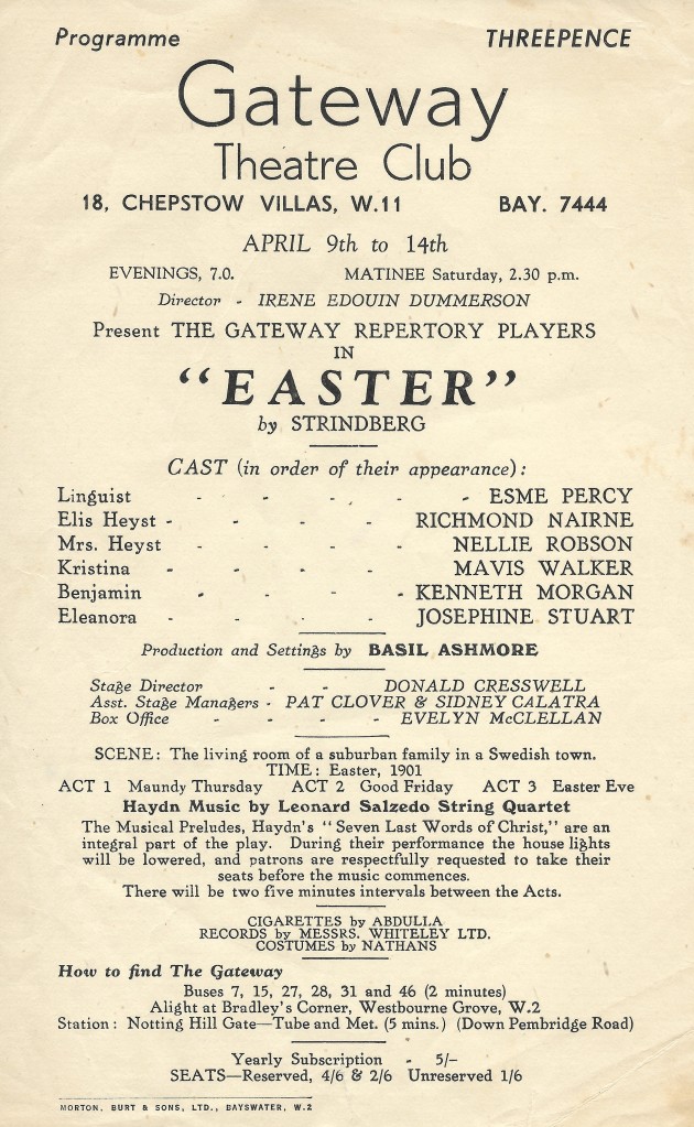 Theatre Programme Gateway Theatre club performance of Easter by Strindberg