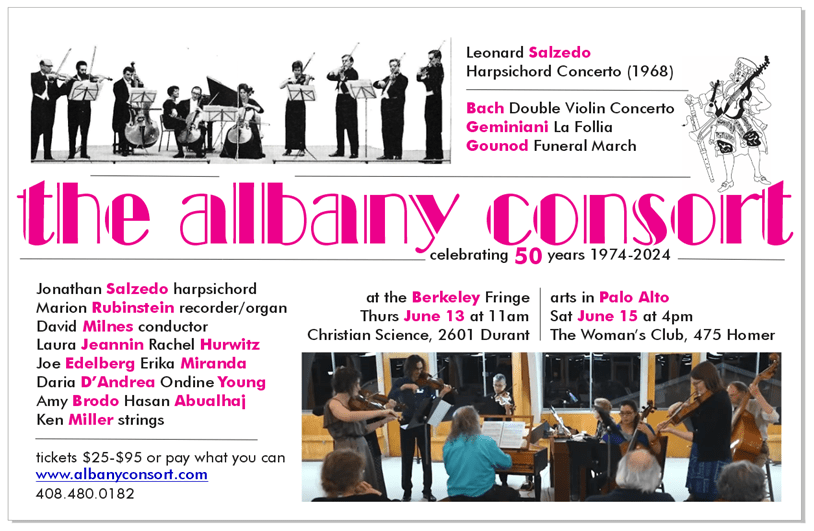 Leaflet with information about Albany Consort concerts in June 2024. Black and white photo of music ensemble at top. Pink writing the Albany Consort in the middle. Colour photo of Albany Consort at the bottom. Information about the pieces played and the musicians