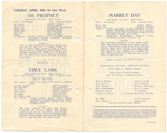 Printed inside pages of Ballet Negres programme