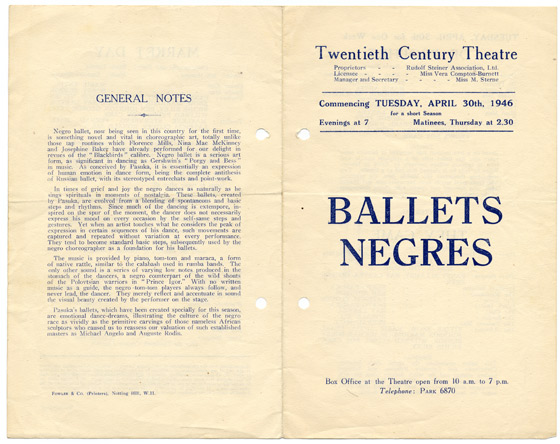 Twentieth Century Theatre Programme for Ballets Negres